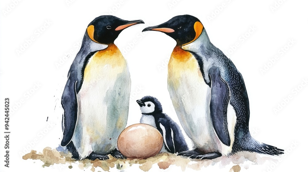 Fototapeta premium Watercolor illustration of a penguin family with an egg
