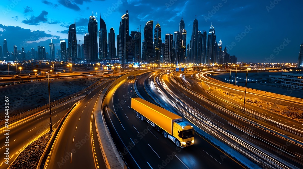 Vibrant night scene of a city skyline with a truck navigating winding roads, showcasing urban transportation and modern architecture.