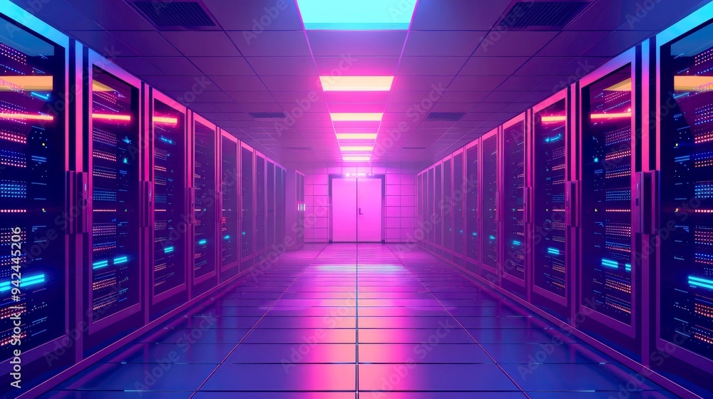 Neon-Lit Server Room Corridor with Glowing Racks Neon-Lit Server Room Corridor with Glowing Racks