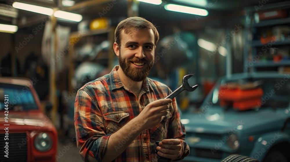 Bearded Man Holding Wrench in a Garage Bearded Man Holding Wrench in a Garage