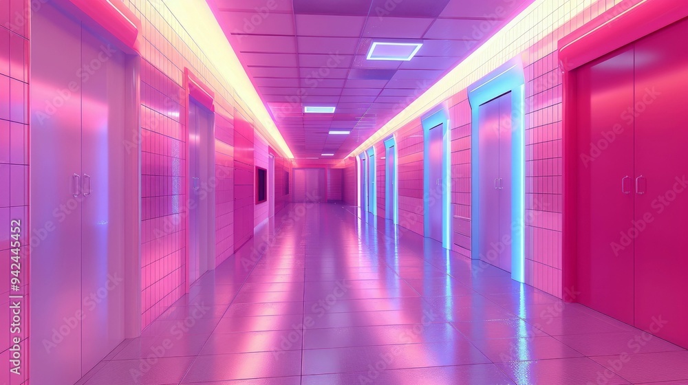 Neon-lit Hallway with Multiple Doors in a Pink and Blue Color Scheme Neon-lit Hallway with Multiple Doors in a Pink and Blue Color Scheme