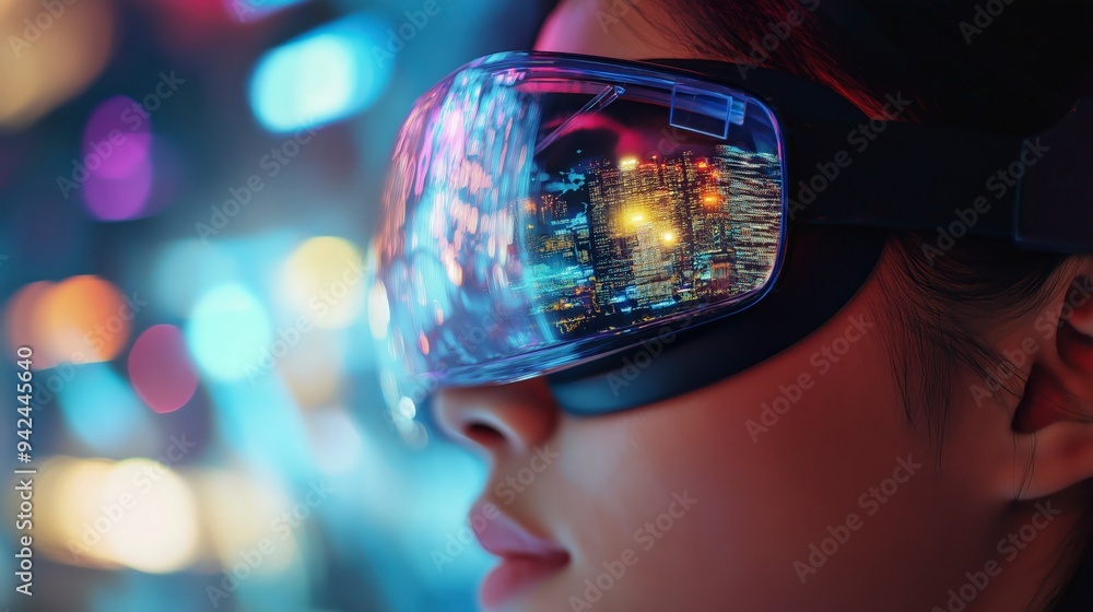 A close-up of a person wearing virtual reality goggles, reflecting a vibrant cityscape. A close-up of a person wearing virtual reality goggles, reflecting a vibrant cityscape.