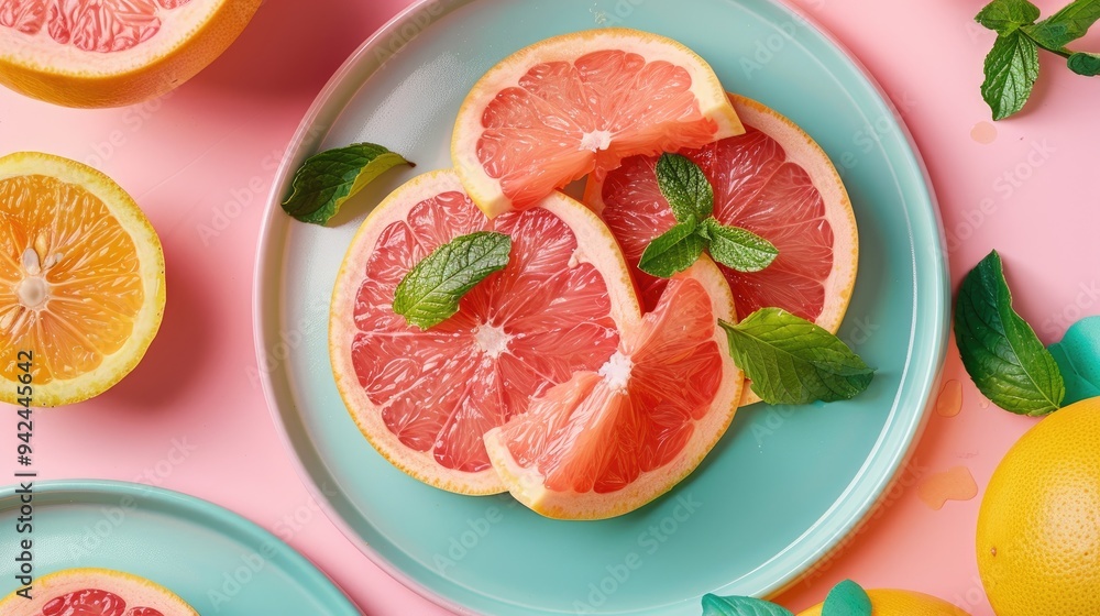 Pink grapefruit in a fresh breakfast or snack setting with vibrant pink and orange hues as the backdrop Packed with nutrients vitamins and homemade goodness Pink grapefruit in a fresh breakfast or snack setting with vibrant pink and orange hues as the backdrop Packed with nutrients vitamins and homemade goodness