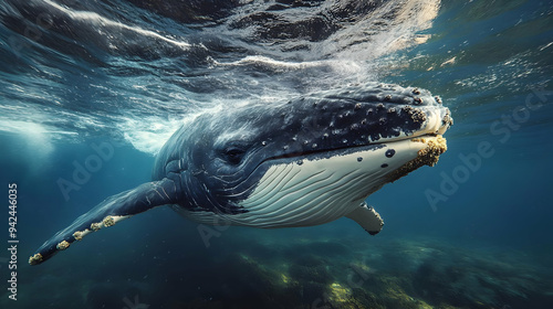 A humpback whale swims near...