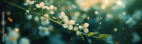 Watercolor illustration of a close up view of small white Raphanus flowers set against a blurred dark green background Selective focus on the floral subject photo