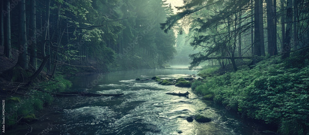 Fototapeta premium Vintage Photo Of River In Forest
