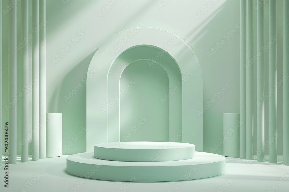 3D render, abstract minimalistic background with hexagon podiums and circular stage in a pastel green color. Mock up for a product presentation. 3D render, abstract minimalistic background with hexagon podiums and circular stage in a pastel green color. Mock up for a product presentation.