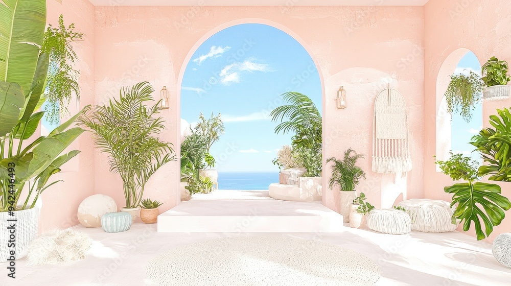 Pink Wall Archway With Ocean View And Tropical Plants Pink Wall Archway With Ocean View And Tropical Plants