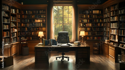 A large, wood-paneled libra...
