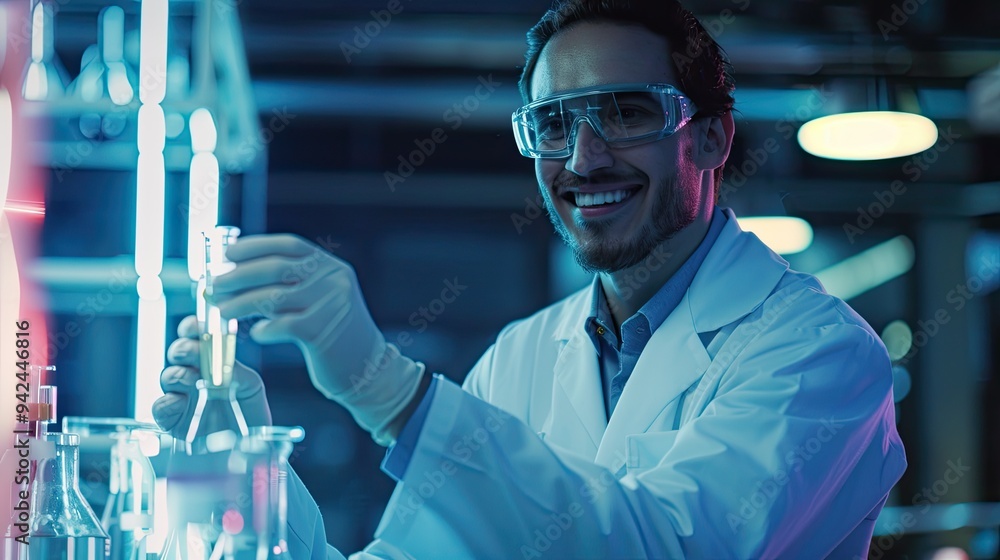 A Scientist in a Lab Coat Works with Chemicals in a Laboratory A Scientist in a Lab Coat Works with Chemicals in a Laboratory