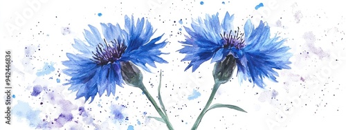 Watercolor illustration of a blue cornflower within a vintage frame featuring a wildflower motif suitable for summer wedding stationery and greeting cards