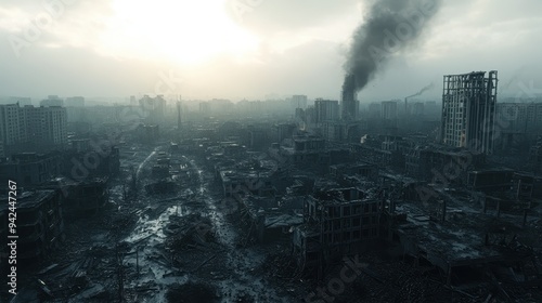 Post Apocalyptic Cityscape Ruined Buildings Smoke Destruction Aerial View