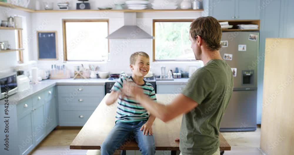 Dad, high five and support kid in family home on kitchen table bonding in conversation with care. Happy, child and father with pride, love and talking in house or morning with motivation for goals Dad, high five and support kid in family home on kitchen table bonding in conversation with care. Happy, child and father with pride, love and talking in house or morning with motivation for goals