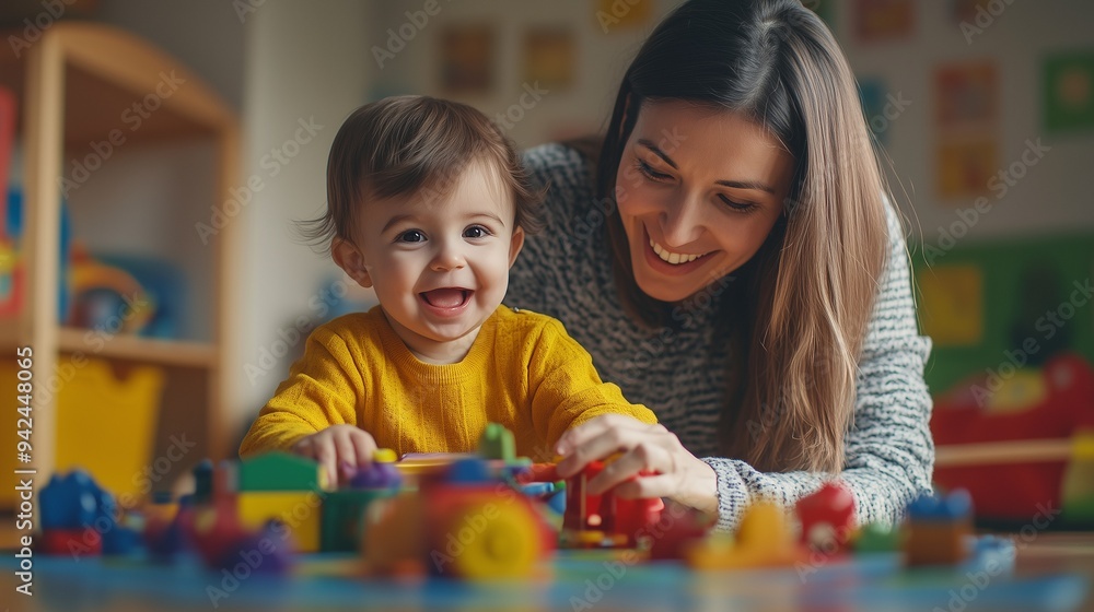 Mother plays with a small child in the nursery. Illustration of happy motherhood. Mother's Day. Mother plays with a small child in the nursery. Illustration of happy motherhood. Mother's Day.