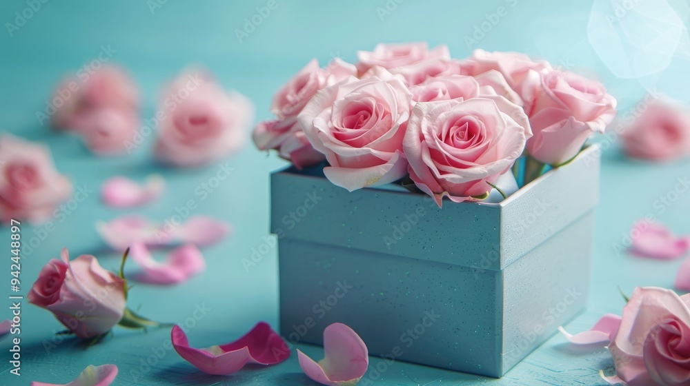 Pink roses in a blue background gift box Pink roses in a blue background gift box
