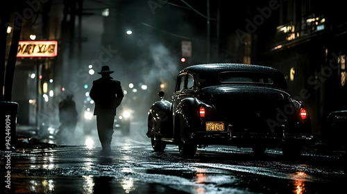 A lone man walks down a wet...