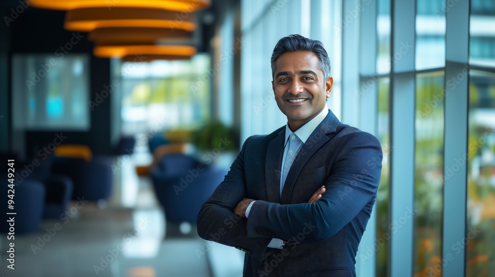 A confident businessman smiles while standing in a modern office space with large windows. A confident businessman smiles while standing in a modern office space with large windows.