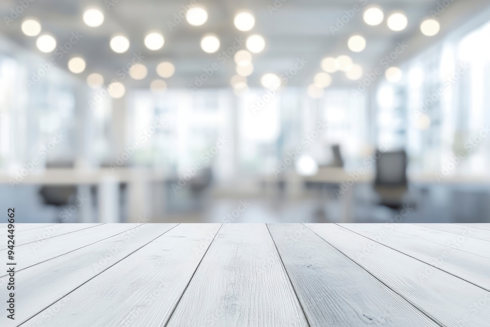 White wood table top and blurred bokeh office interior space background with generative ai White wood table top and blurred bokeh office interior space background with generative ai