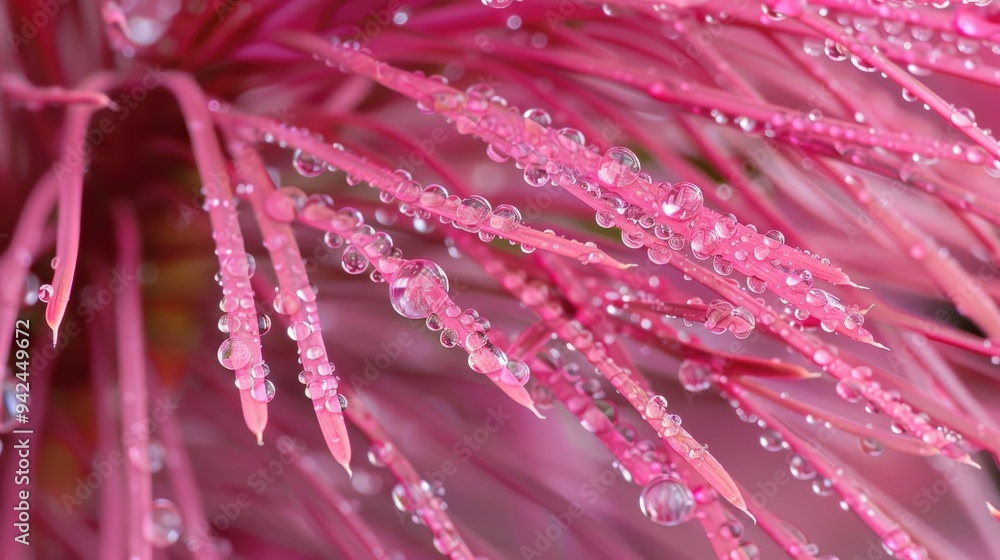 Pink tinted pine needles adorned with dew drops Pink tinted pine needles adorned with dew drops