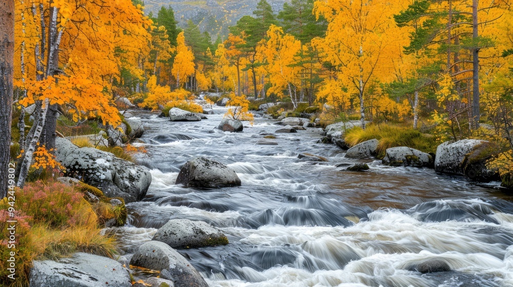 A rushing stream flows through a forest of golden autumn leaves. A rushing stream flows through a forest of golden autumn leaves.