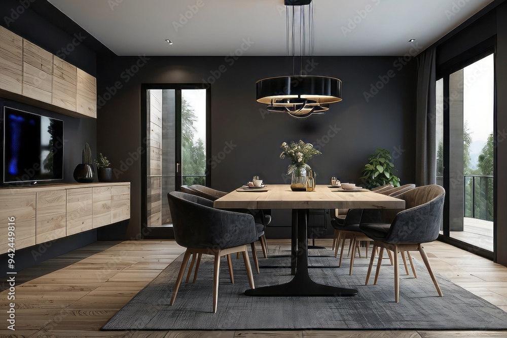 Modern Dining Room with Black and Wood Accents Modern Dining Room with Black and Wood Accents