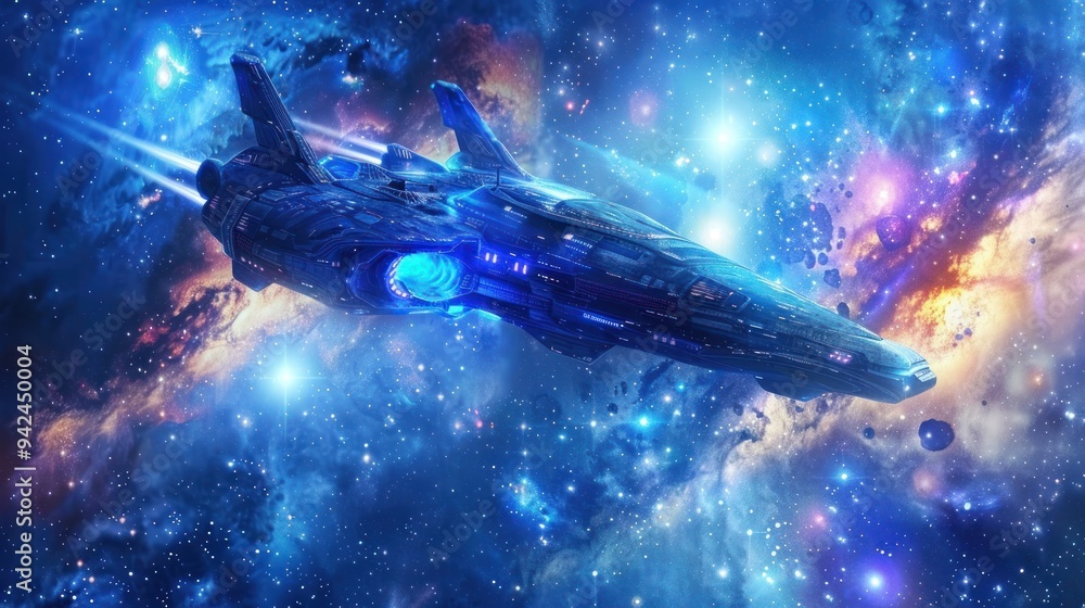 Fototapeta premium Futuristic spaceship flying through a starry nebula.