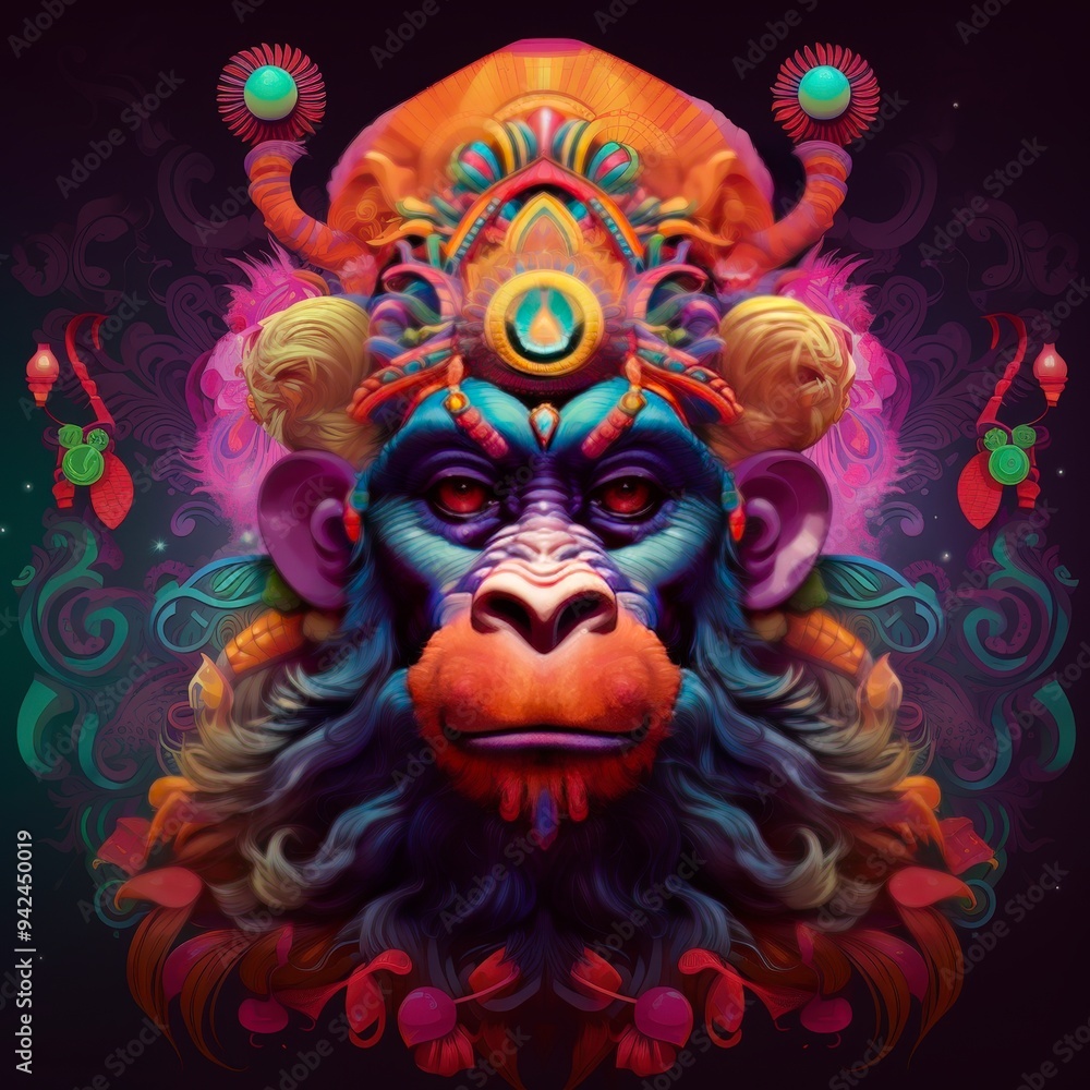 A vibrant, artistic depiction of a monkey with colorful adornments and intricate patterns. A vibrant, artistic depiction of a monkey with colorful adornments and intricate patterns.