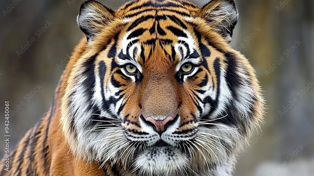 Fototapeta premium Portrait of a Tiger: Majestic and Detailed Close-Up of a Tiger's Face, Highlighting Its Powerful Features and Striking Stripes