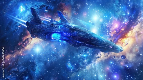 Futuristic spaceship flying through a starry nebula.