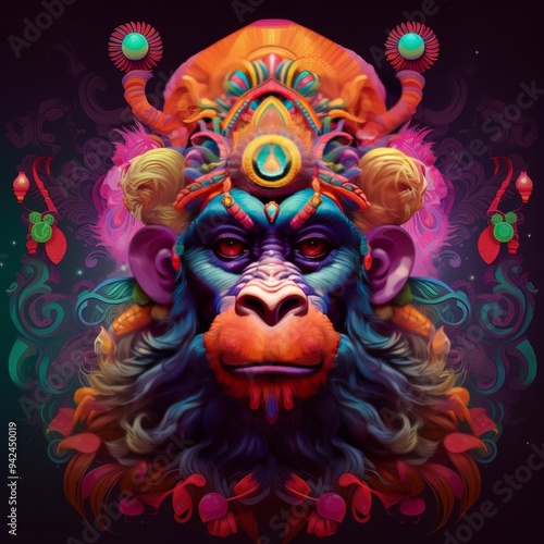 A vibrant, artistic depiction of a monkey with colorful adornments and intricate patterns.