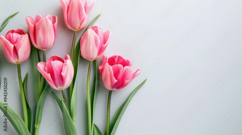 Pink tulips on light background with copy space for International Women s Day and Mother s Day concept Pink tulips on light background with copy space for International Women s Day and Mother s Day concept