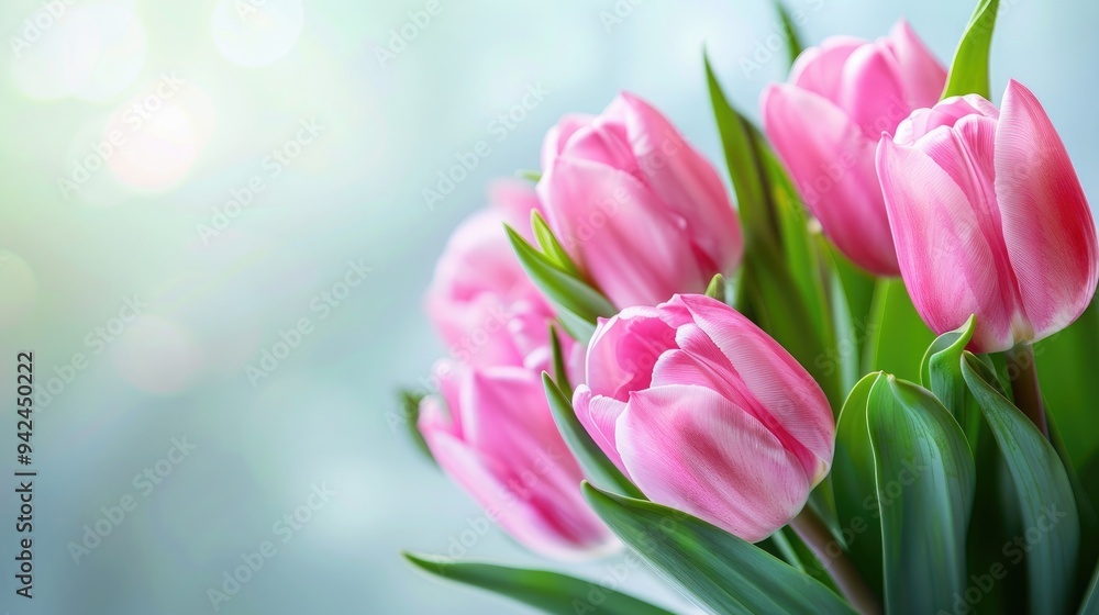 Pink tulips on light background with copy space for International Women s Day and Mother s Day concept Pink tulips on light background with copy space for International Women s Day and Mother s Day concept