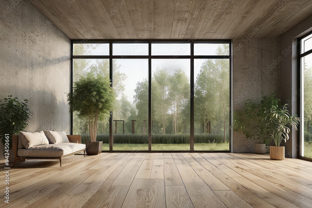 Modern Living Room with Large Windows and Wooden Floor Modern Living Room with Large Windows and Wooden Floor