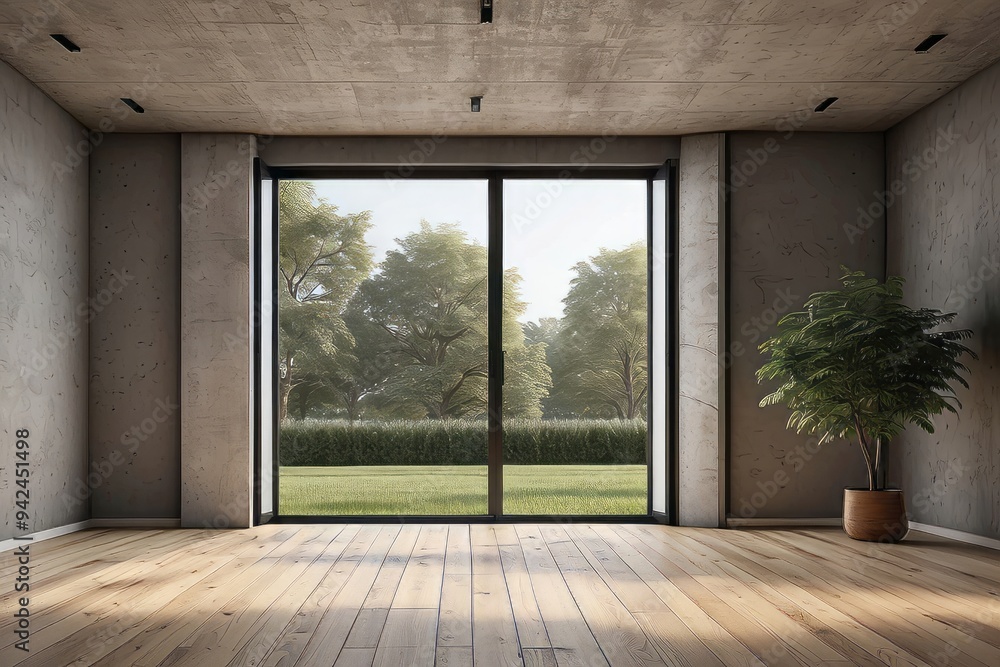 Empty Room with Large Window and Wooden Floor Empty Room with Large Window and Wooden Floor