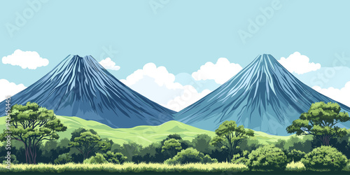 Serene landscape of two towering mountains surrounded by lush greenery and trees under a bright blue sky with fluffy clouds