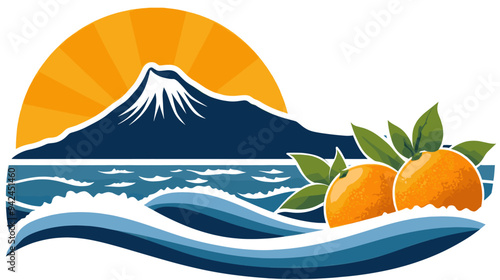 Vibrant coastal illustration featuring a sunrise over a mountain with ocean waves and fresh oranges, symbolizing natural beauty and abundance