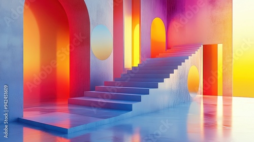 Abstract Colorful Room Interior with Stairs Arches and Neon Lights