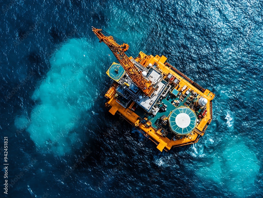Aerial view of a vibrant offshore oil rig surrounded by clear blue waters, showcasing modern engineering and marine industry. Aerial view of a vibrant offshore oil rig surrounded by clear blue waters, showcasing modern engineering and marine industry.