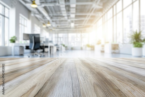 White wood table top and blurred bokeh office interior space background with generative ai