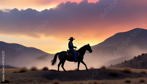 A cowboy riding a horse in the silhouette against a dramatic sunset sky with mountains in the background