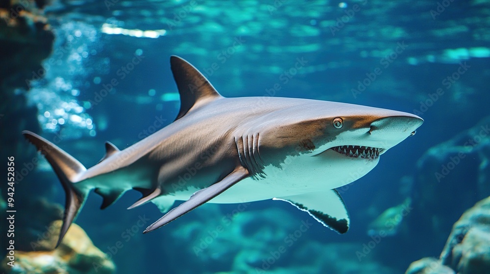 Naklejka premium Detailed Shark: Realistic Representation of a Powerful Ocean Predator with Lifelike Features and Dynamic Pose