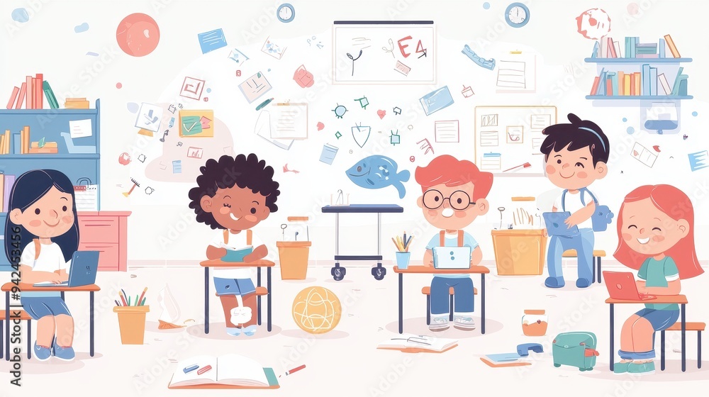 Happy Diverse Students Learning in a Classroom Happy Diverse Students Learning in a Classroom