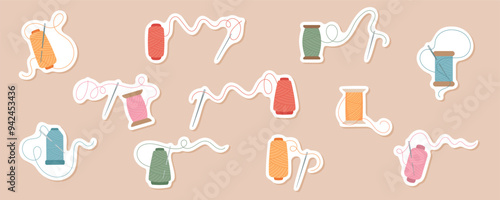 A set of sewing stickers depicting thread, spool and needle icons in various colors. The illustrations include tailors tools like thread, needles, and bobbins in cute, cartoon designs.
