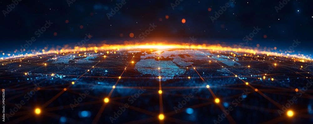 Obraz premium Global supply chain, interconnected network, glowing lines across continents, deep blue tones, futuristic, 3D illustration