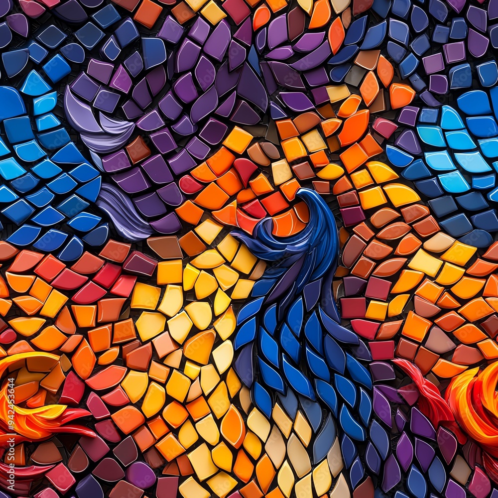 Vibrant texture featuring colorful tiles in a wavy mosaic pattern, evoking warmth and artistic creativity.