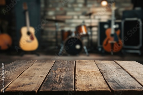 Wooden table with copy space and blurred background with music instruments in the back with generative ai