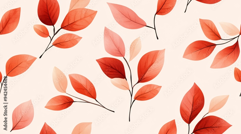 Watercolor Red Leaves Pattern: A delicate and elegant seamless pattern featuring hand-painted watercolor red leaves on a soft beige background. Ideal for adding a touch of autumnal charm to your desig Watercolor Red Leaves Pattern: A delicate and elegant seamless pattern featuring hand-painted watercolor red leaves on a soft beige background. Ideal for adding a touch of autumnal charm to your desig