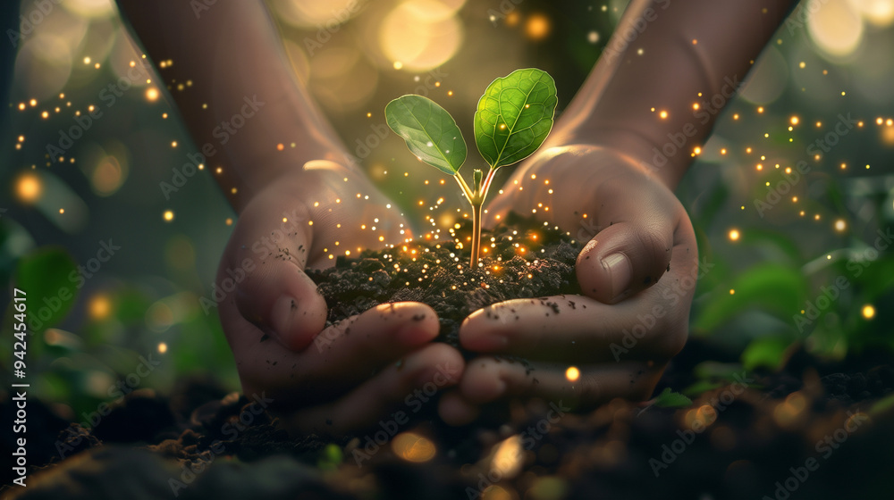 Fototapeta premium Image of Hands Holding a Seedling Growing from Soil