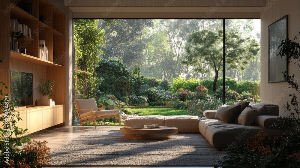 Modern living room with large window overlooking lush garden Modern living room with large window overlooking lush garden
