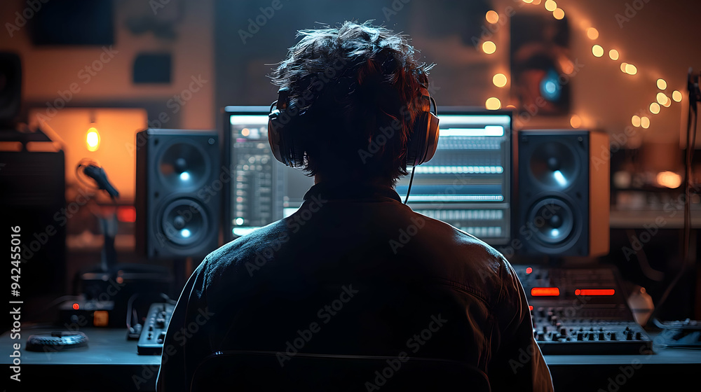 A musician sits with headphones on, facing a computer screen and mixing board in a dimly lit recording studio. A musician sits with headphones on, facing a computer screen and mixing board in a dimly lit recording studio.